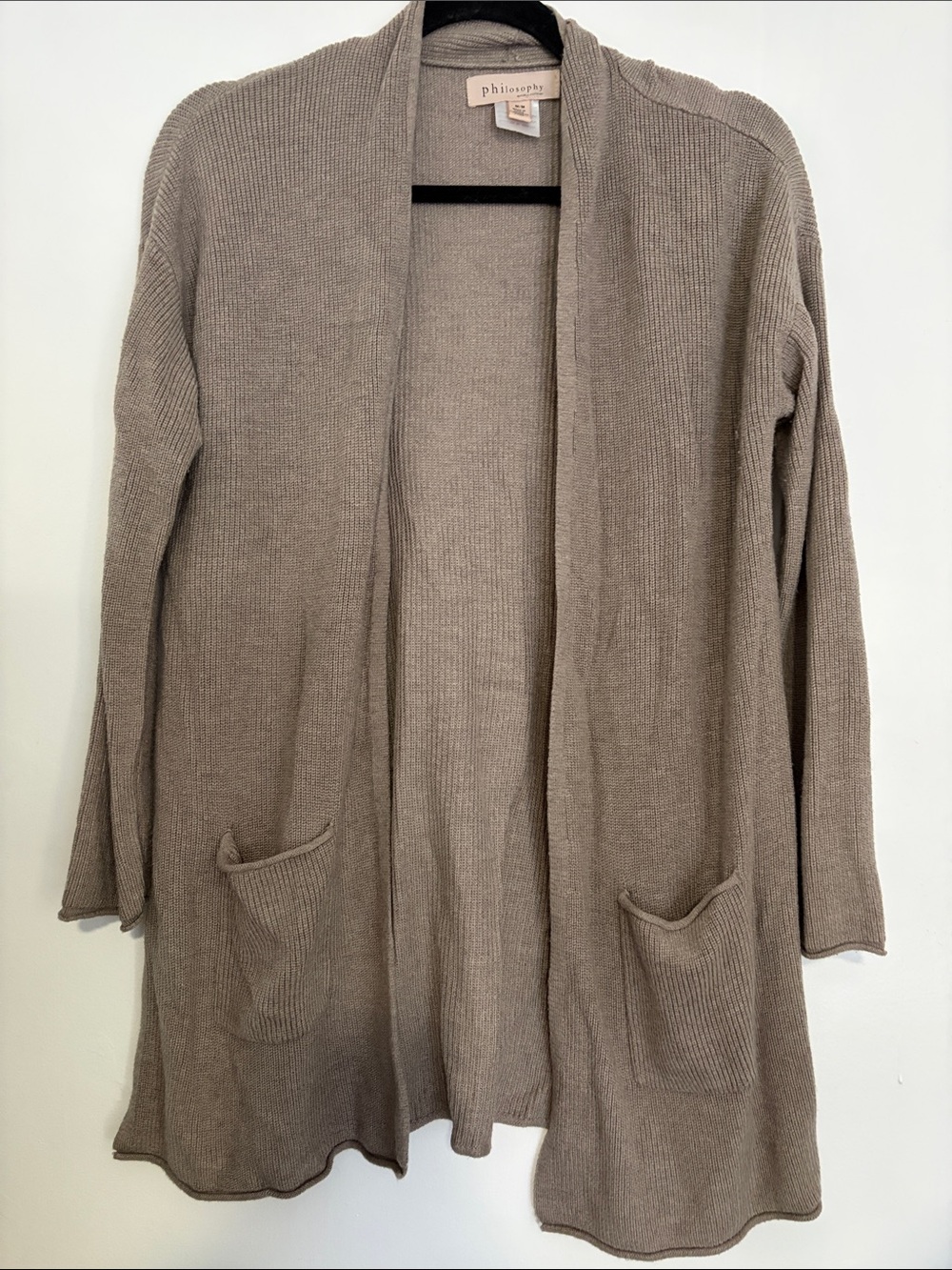 Philosophy Taupe Ribbed Open-Front Cardigan with Pockets